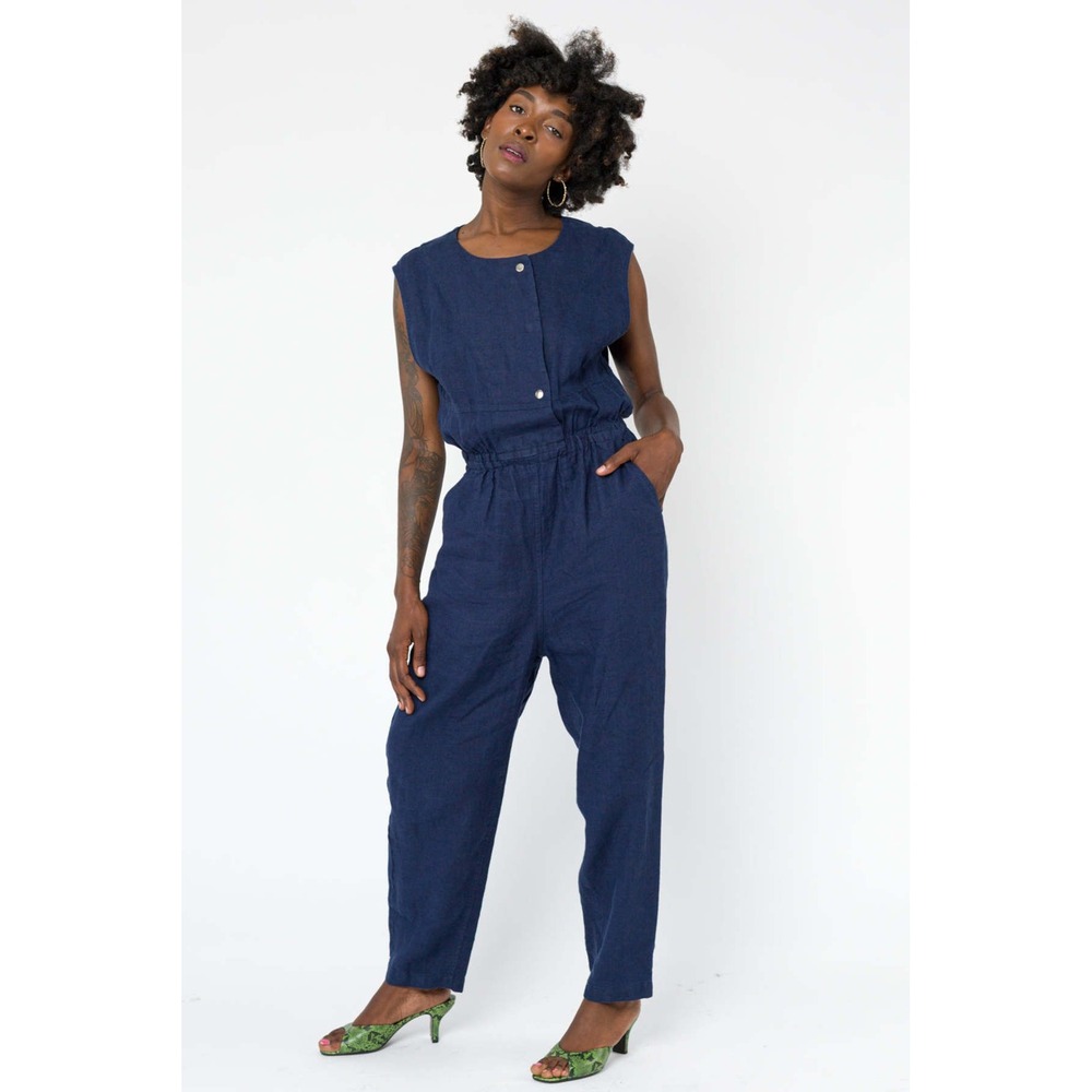 Rachel Comey Arati Linen Quiet Luxury Minimalist Jumpsuit Coastal Nautical Navy